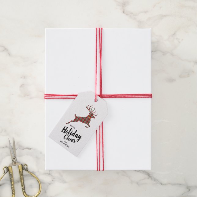 Kariert Rentier Holiday Cheer Geschenkanhänger (Mit Garn)
