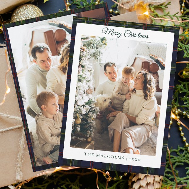 Kariert Rustikal 2 Foto Tartan Feiertagskarte (Rustic Plaid Family Photos Script Tartan Christmas Greetings Card)