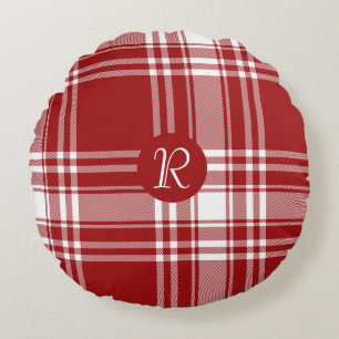 Kariert Tartan Red White Monogram Holiday Weihnach Rundes Kissen