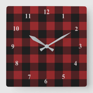 Kariert überprüft in Schwarz und Rot - modern Quadratische Wanduhr