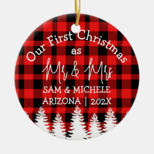Kariert Unsere ersten Weihnachten als Mr. und Mrs. Keramik Ornament