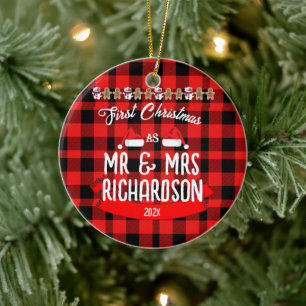 Kariert Unsere ersten Weihnachten als Mr. und Mrs. Keramik Ornament