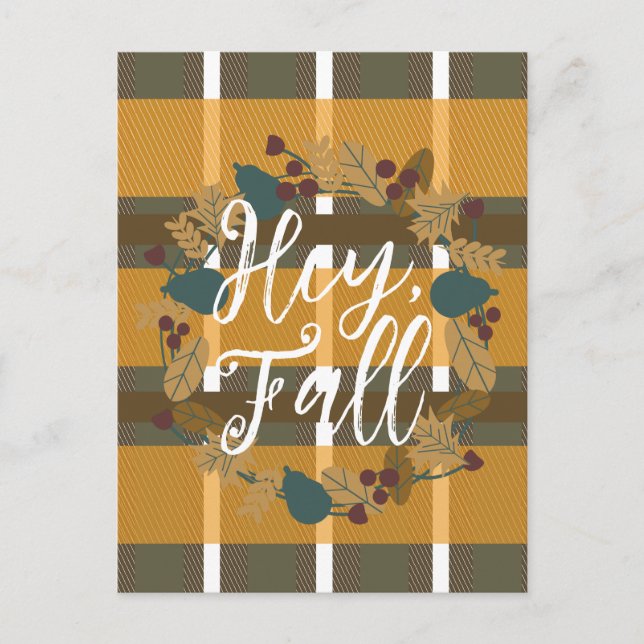 Kariert Wreath Greenery Hey Fall Postkarte (Vorderseite)
