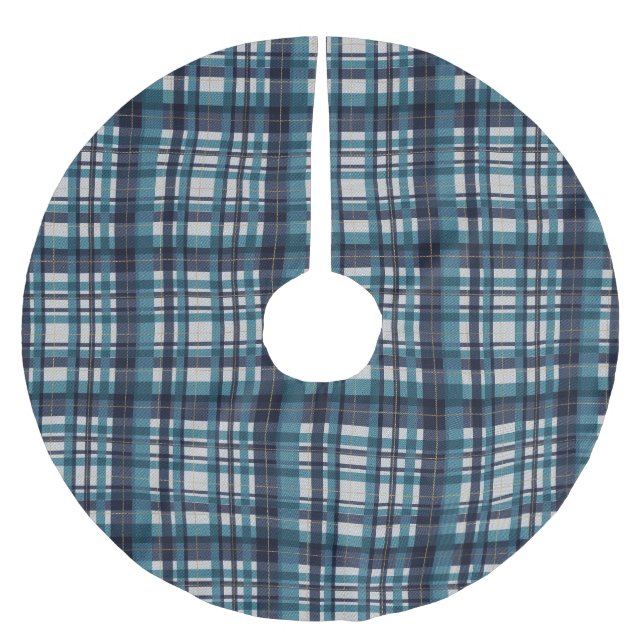 Karierte aquamarine Goldmadras Polyester Weihnachtsbaumdecke (Vorderseite)