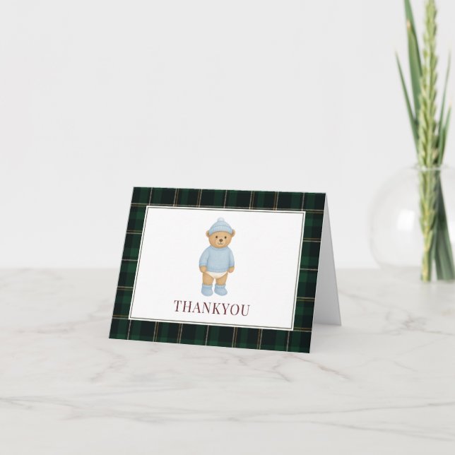 Karierte Babydusche für Preppy Bear Designer Dankeskarte (Vorderseite)