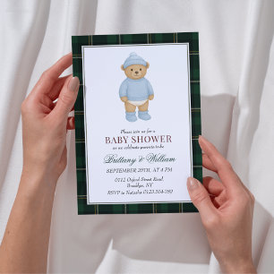 Karierte Babydusche für Preppy Bear Designer Einladung