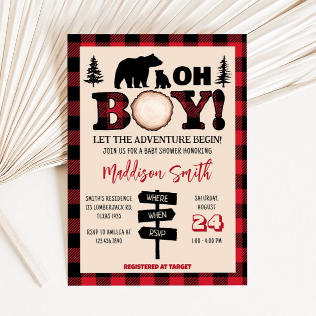 Karierte Bärenkuppe Lumberjack Babydusche Einladung (Bear Cub Plaid Lumberjack Baby Shower Invitation)