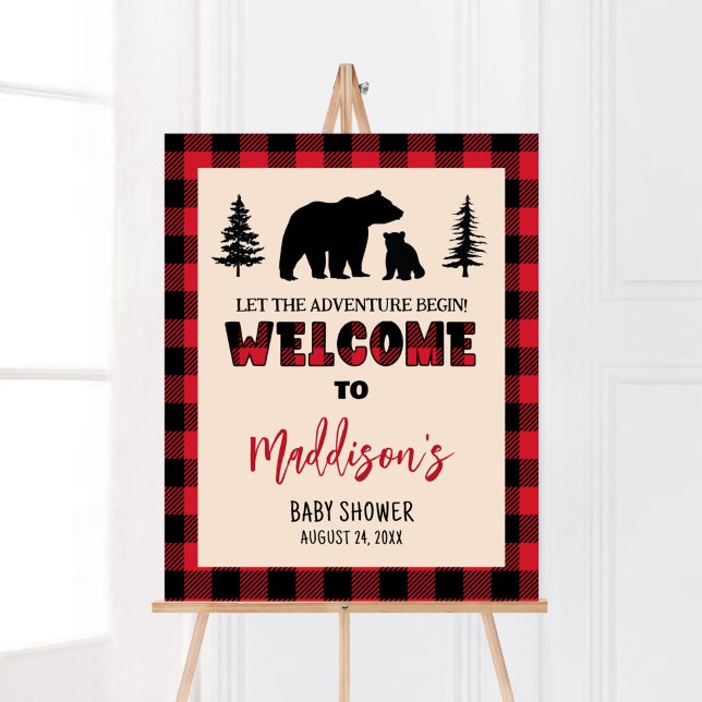 Karierte Bärenkuppe Lumberjack Babydusche Willkomm Poster (Bear Cub Plaid Lumberjack Baby Shower Welcome Sign)