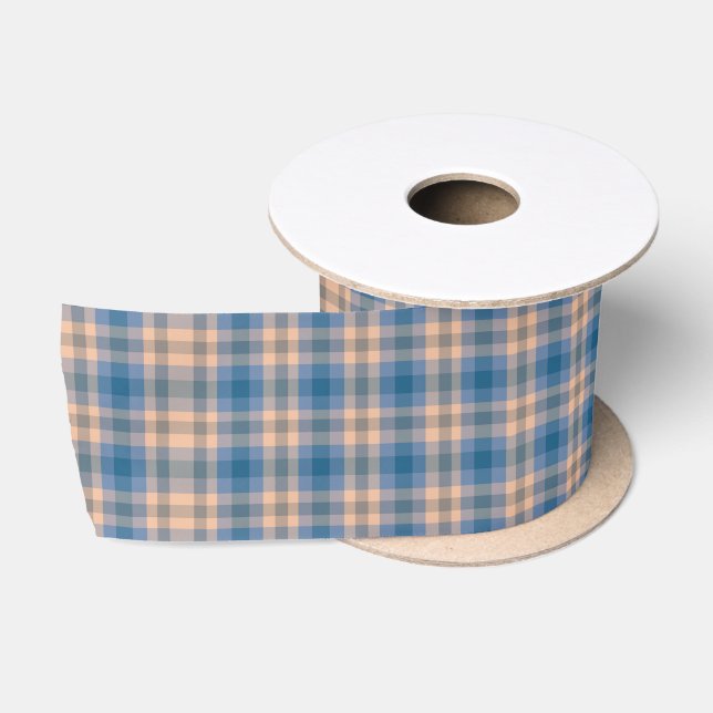 Karierte Beige Blau Grau und Pfirsichfarben Satinband (Spule)