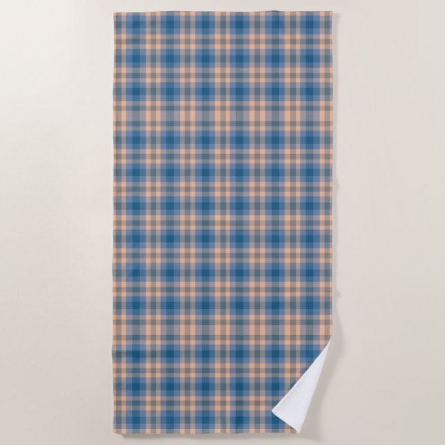 Karierte Beige Blau Grau und Pfirsichfarben Strandtuch (Vorderseite)