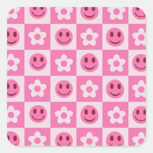 Karierte Blumen und glückliche Gesichter rosa    Quadratischer Aufkleber