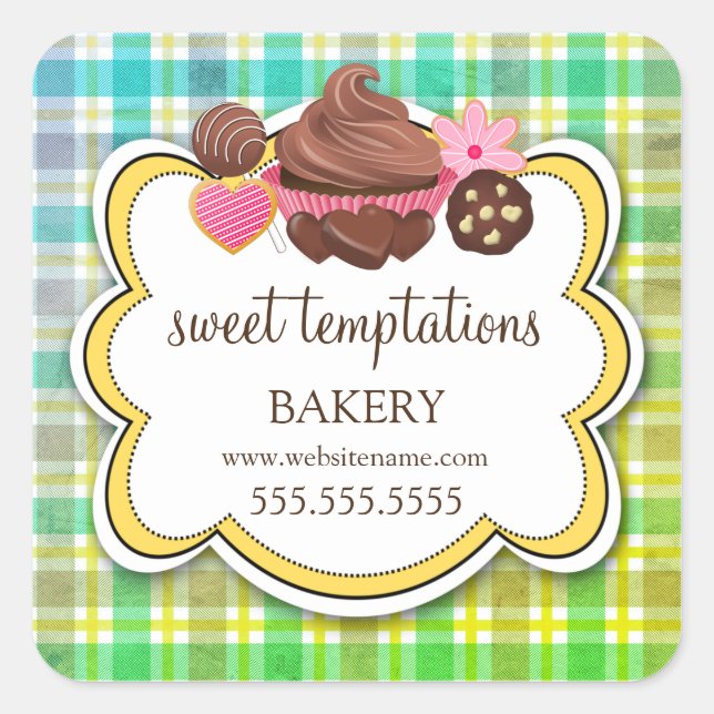 Karierte Cupcake Cake Pops Cookie Packung Quadratischer Aufkleber (Vorderseite)