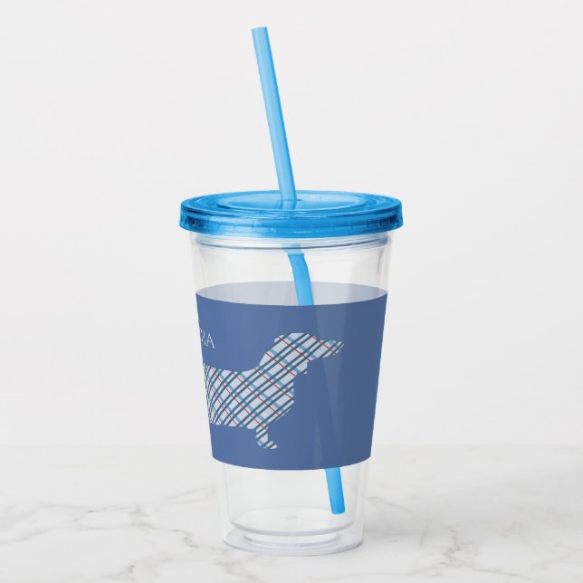 Karierte Dackel auf Blue Personalisiert Acryltrinkbecher (Links)