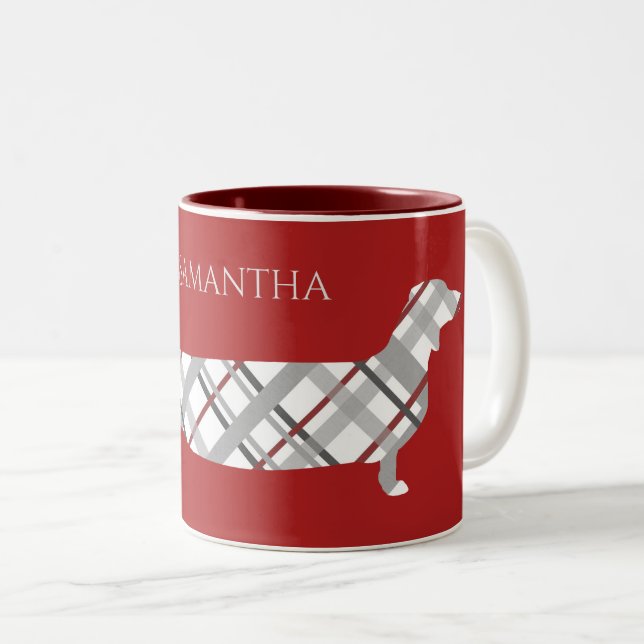 Karierte Dackel auf Rot Personalisiert Zweifarbige Tasse (VorderseiteRechts)