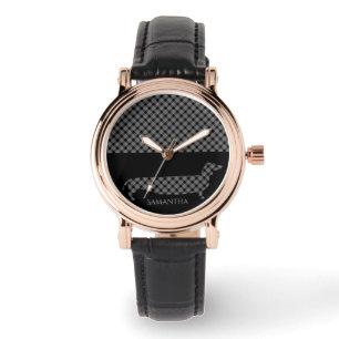 Karierte Dackel auf Schwarz Armbanduhr