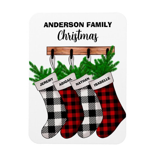 Karierte Familie von 4 Personalisierten Weihnachte Magnet (Vertikal)