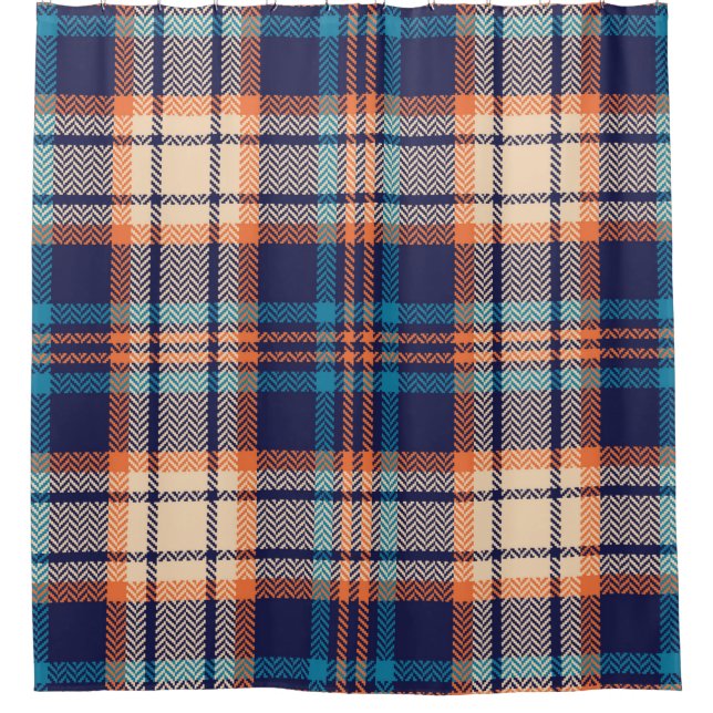 Karierte Farbmuster in Blau, Orange, Beige. Ihr Duschvorhang (Vorderseite)