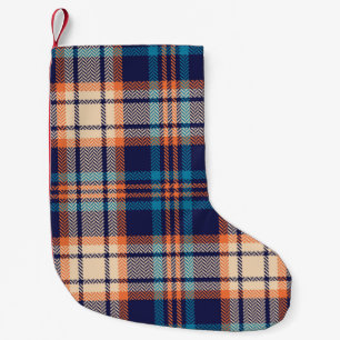 Karierte Farbmuster in Blau, Orange, Beige. Ihr Kleiner Weihnachtsstrumpf
