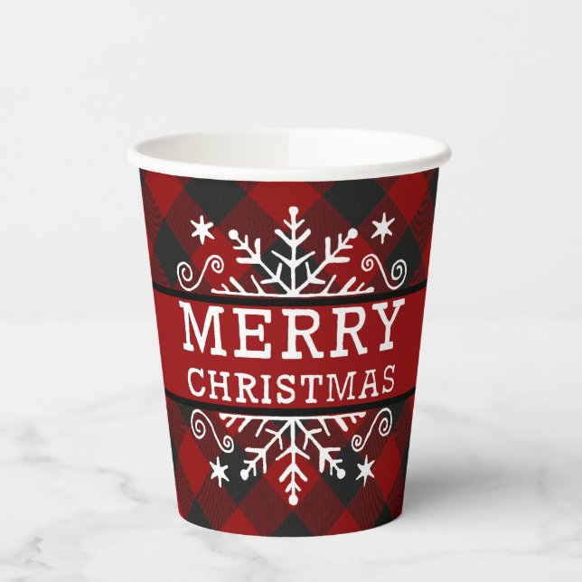 Karierte Frohe Weihnachtsschneeflocke Pappbecher (Links)