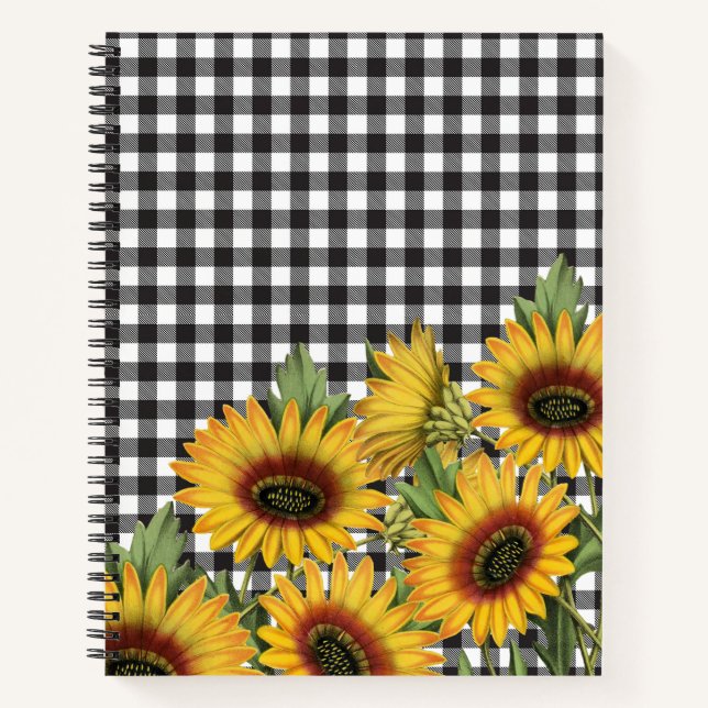 Karierte gelbe Sonnenblumen in Schwarz-Weiß-Buffal Notizbuch (Vorderseite)