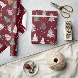 Karierte Gemusterte Weihnachtsbaummuster im Maroon Geschenkpapier