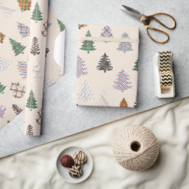 Karierte Gemusterte Weihnachtsbaummuster in Creme Geschenkpapier