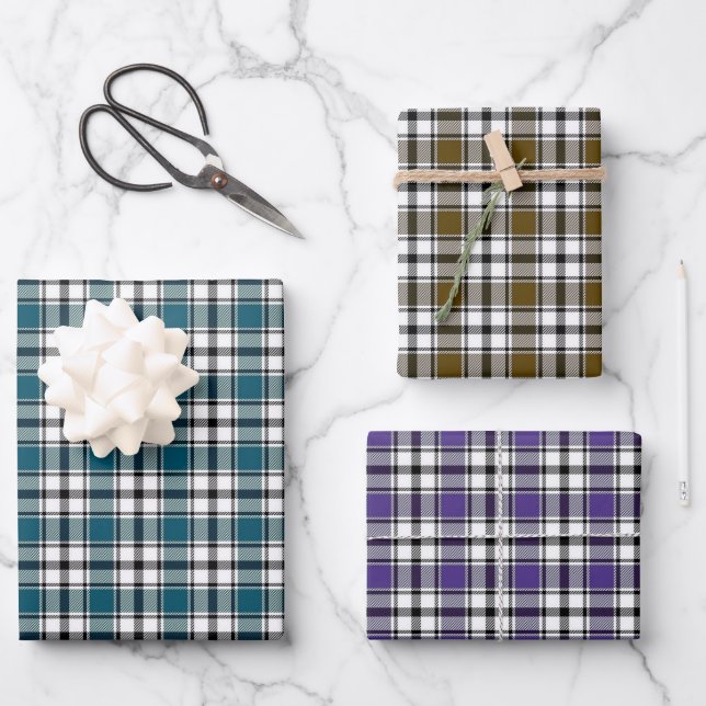 Karierte Geschenkwrap in Aquamarin, braun und Lila Geschenkpapier Set (Vorderseite)