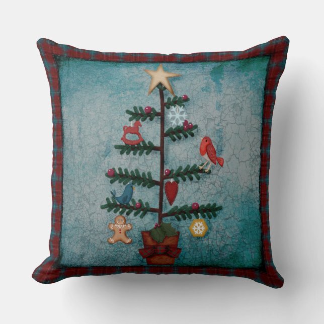 Karierte Grenze | Folk Art Christmas Tree Kissen (Vorderseite)