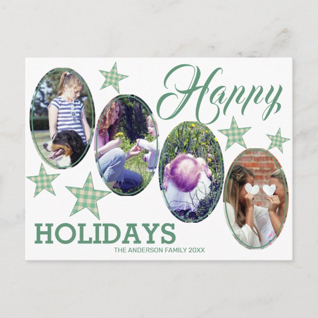 Karierte Grüne Creme Stars 4 Foto Happy Holidays Postkarte (Vorderseite)
