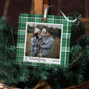 Karierte, grüne und weiße Stofffamilie Foto Ornament Aus Metall