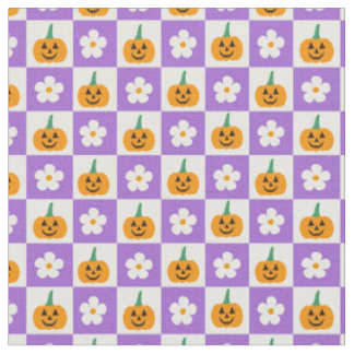 Karierte Halloween-Kürbisse und Retro-Blumen Stoff