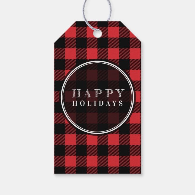 Karierte Happy Holidays in Red und Black Buffalo Geschenkanhänger (Vorderseite)