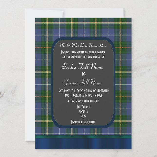 Karierte Hochzeit in Blau und Grün Einladung (Vorderseite)