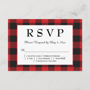 Karierte Hochzeit von Red Black Buffalo RSVP Karte