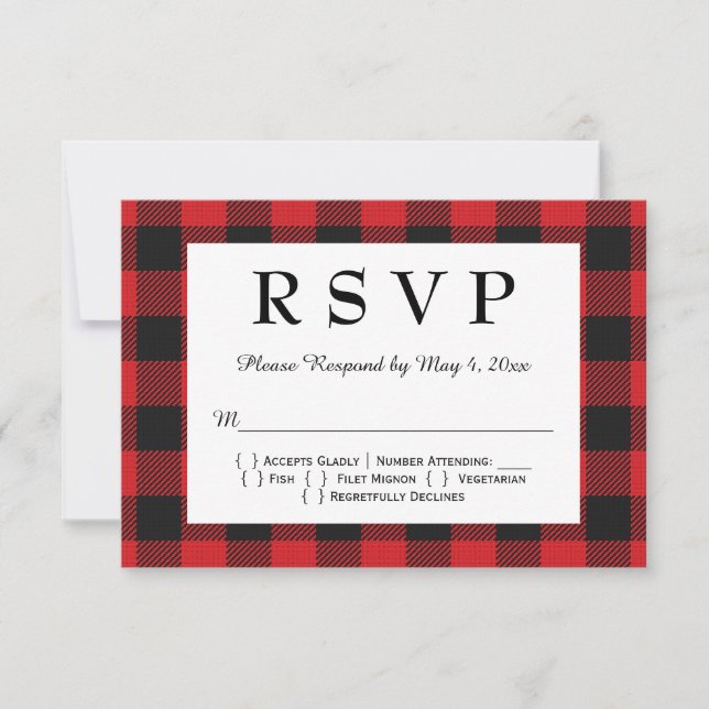 Karierte Hochzeit von Red Black Buffalo RSVP Karte (Vorderseite)