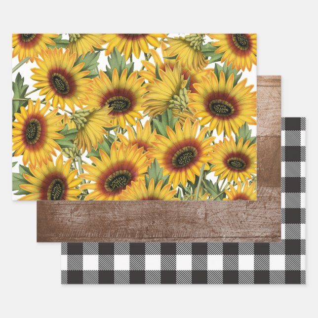 Karierte Holzsonnenblumen aus Weiß- und Schwarzbüf Geschenkpapier Set (Set)