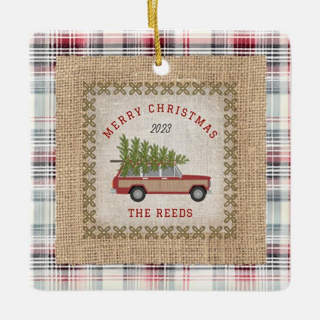 Karierte Imitate Burlap Wood Paneled SUV Weihnacht Keramikornament (Vorderseite)