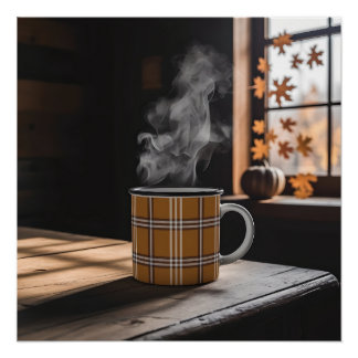 Karierte Kaffee Tasse Heritage Muster Herbstdampf  Poster