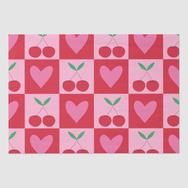 Karierte Kirschen mit rosa Herzmuster Seidenpapier (Vorderseite)