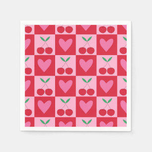 Karierte Kirschen mit rosa Herzmuster Serviette