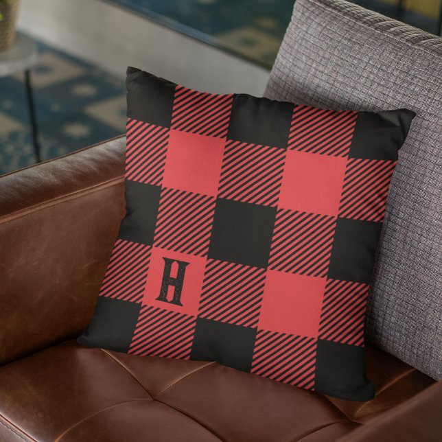 Karierte Lumberjack Red & Black Woodsman Monogramm Kissen (Von Creator hochgeladen)