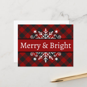 Karierte Merry & Bright-Schneeflocken-Postkarte Postkarte