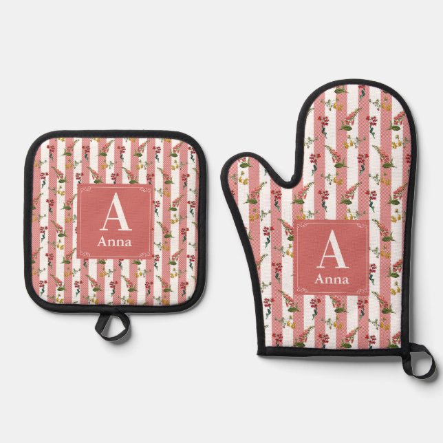 Karierte Mit Monogramm Anwendung mit Wildblumen Ofenhandschuh & Topflappen-Set (Vorderseite)