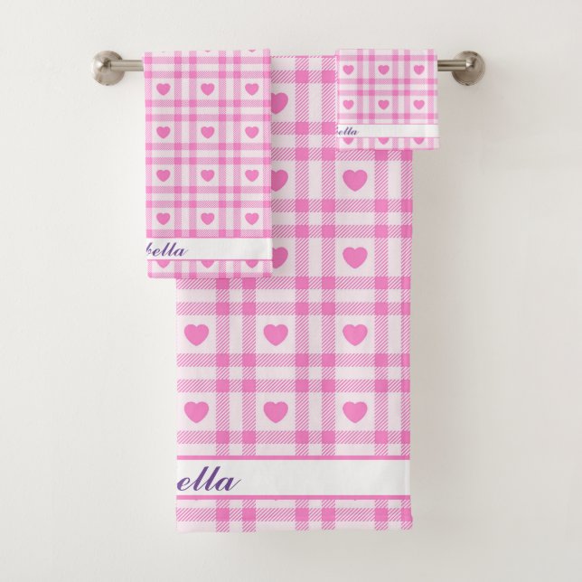 Karierte moderne rosa Herzenskollektion Badhandtuch Set (Insitu)