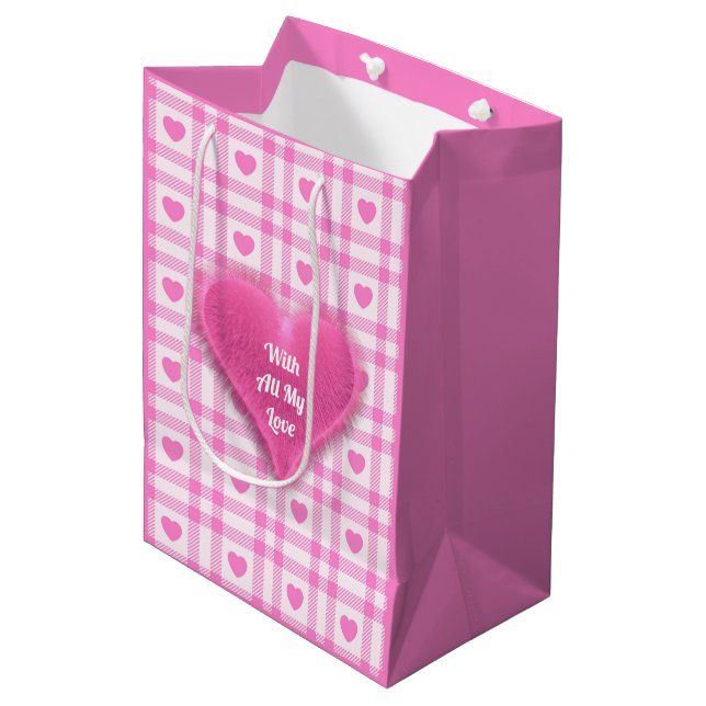 Karierte moderne rosa Herzenskollektion Mittlere Geschenktüte (Vorderseite Schrägansicht)