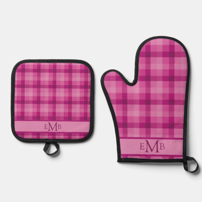 Karierte Monogramm-Initialen in Rosa Ofenhandschuh & Topflappen-Set (Vorderseite)