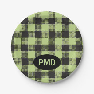Karierte Monogramm-Initialen von Lime Green Black  Pappteller