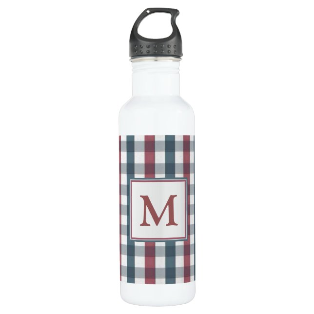 Karierte Monogramm, rot, weiß und blau Edelstahlflasche (Vorderseite)