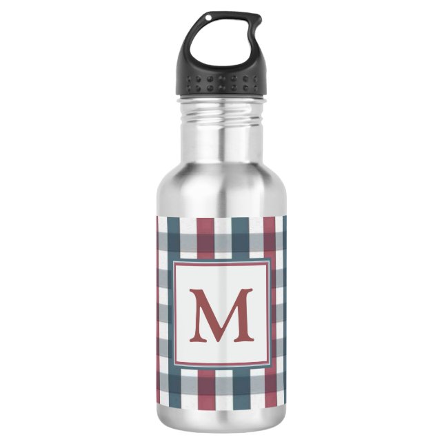 Karierte Monogramm, rot, weiß und blau Edelstahlflasche (Vorderseite)