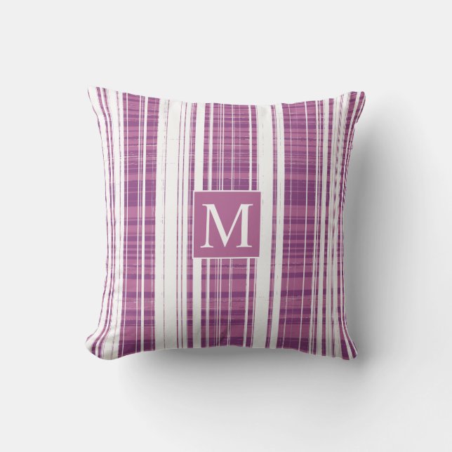 Karierte Muster Streifen Monogramm Lila weiß Kissen (Vorderseite)